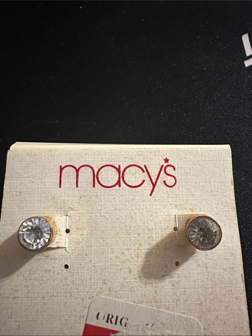 Macy's Clear Crystal Stud Earrings in Gold Tone Settings dual sided 
#74